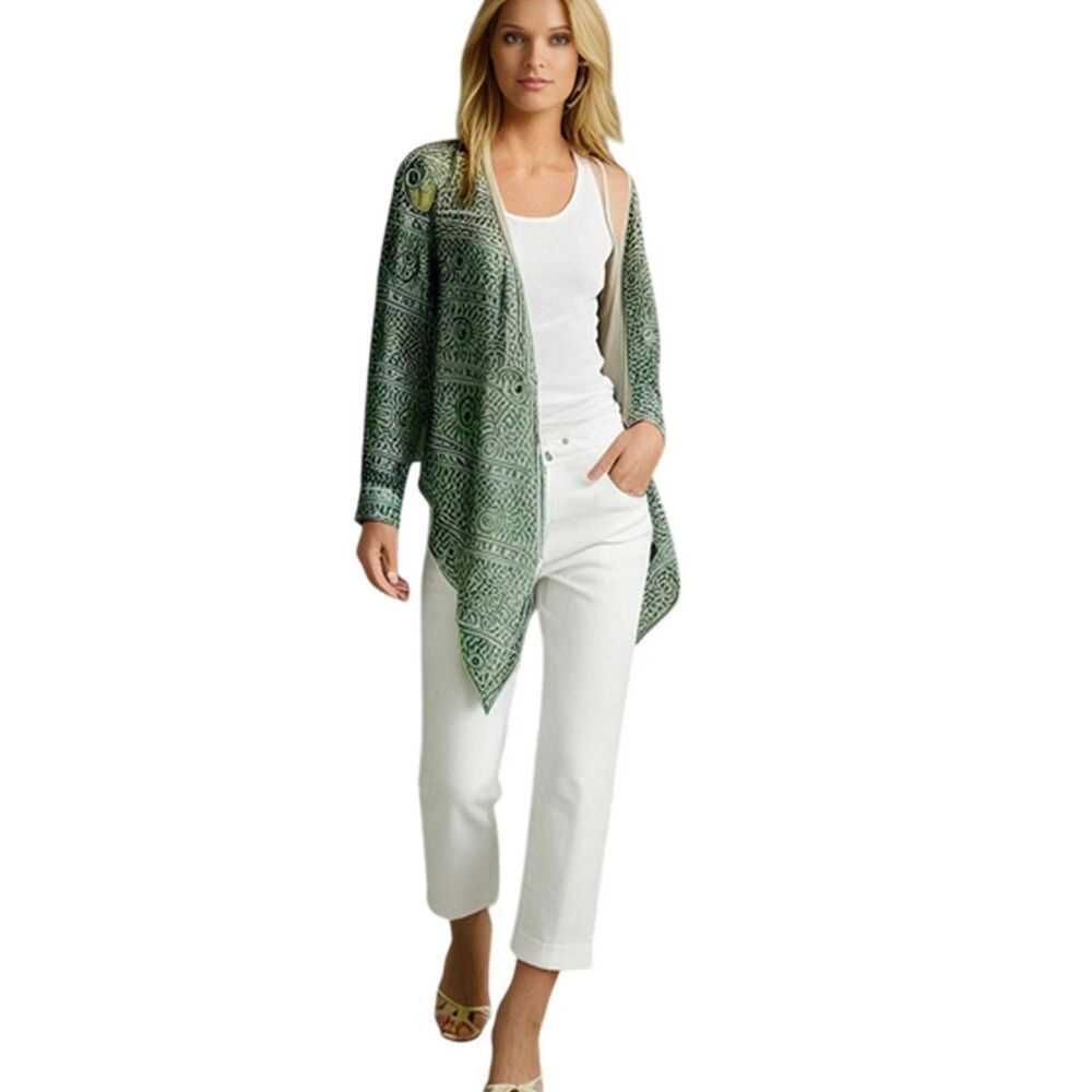 Body Central Sheer Green Graphic Print Tie Open Front Top Size M